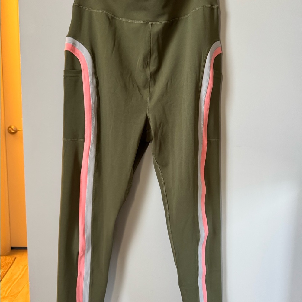 POP Fit Olive Leggings with Pink and Grey Stripes